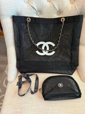 CHANEL Black Mesh Tote with Gold Chain Handles and White Logo